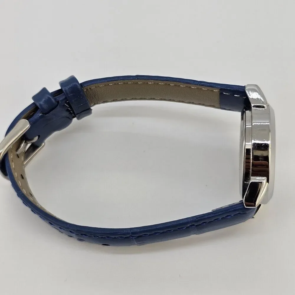 28MM Women Watch White Dial New‎ Blue Leather Bands New Battery READ DESCRIPTION